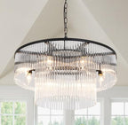 Black Modern Chandelier, 2-Tier Crystal Glass, 8-Light Round Dining Room Chandelier, Contemporary Pendant Ceiling Light for Bedroom Foyer Entryway, 23.6'' - size: Small Black (23.6" x 70")