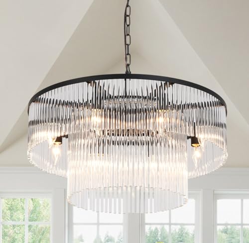 Black Modern Chandelier, 2-Tier Crystal Glass, 8-Light Round Dining Room Chandelier, Contemporary Pendant Ceiling Light for Bedroom Foyer Entryway, 23.6'' - size: Small Black (23.6" x 70")