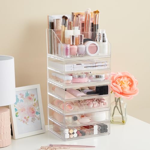 STORi Chloe Clear Plastic Stackable Desk Organizer, Rectangular 6-Compartment Office Supply Holder for Pens, Markers & Notepads, Made in USA - style: Organizer Top