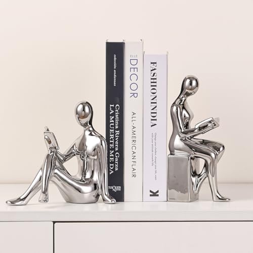 Ceramic Decorative Bookends, Book Ends for Shelves, Home Office Decor Aesthetic Statues Book Holders Stoppers for Bookshelf, Table, Bedroom Living Room Decoration (Silver) - color: Silver