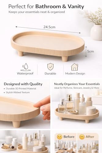 Minimal Vanity Tray Beige Bathroom Organizer 3D Printed Decorative Tray for Skincare Perfume Jewelry