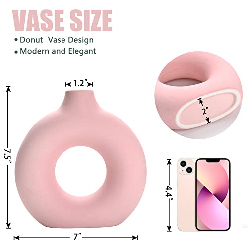 Donut Vase|Circle Hollow Vase|Modern Matte Ceramic Vase for Entryway Living Room Bedroom Dining Table Centerpiece Office Home Decor (Pink-7.5")