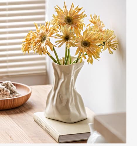 FOWSEEK 7.5IN White Ceramic Vase, Irregular Flower Vase Modern Art Decorative Vase for Flowers, Unique Paper Bag Vase for Home Office Centerpieces Entryway Bookshelf Living Room Table Decor - color: Cream Ceramic, size: Large