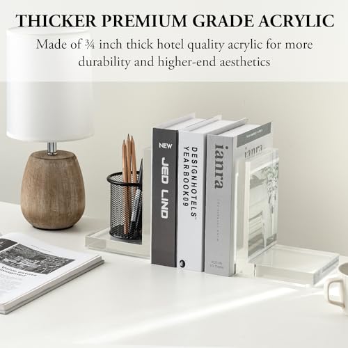 MyGift L-Shaped Decorative Bookends, Transparent Heavy Duty Non-Skid Book Ends Stopper for Shelves Home Office School, 1 Pair, Premium Hotel Style Clear Thick Acrylic
