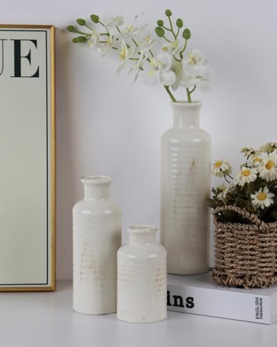White Ceramic Vase Set of 3 – Ribbed Texture Crackle Glaze Bottle Vases for Rustic Farmhouse Table Centerpiece, Shelf & Mantel Decor - color: White02