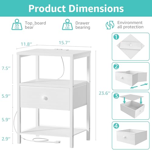BOLUO White Nightstand with Charging Station, LED Night Stand with Fabric Drawers and Shelf, Bedside Table with USB Ports and Outlets, Bedroom Nightstand Modern - color: A.white