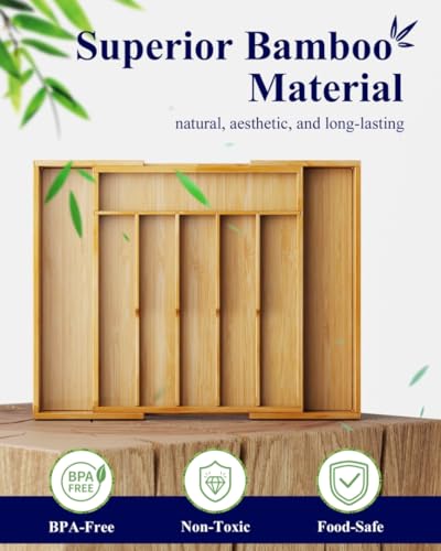 Kitsure Silverware Organizer - Expandable Bamboo Kitchen Drawer Organizer for Cooking Utensils and Cutlery, Sturdy & Thickened Kitchen Organizers and Storage Solution, Large, Natural - color: Natural, size: Large