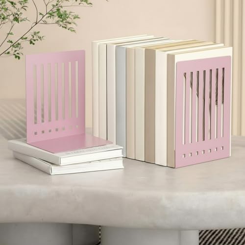 4 Pcs 10 Inch Heavy Duty Bookends Non-Skid Base Large Heavy Duty Book Ends Stopper for Office Books Vinyl Records Shelves Binders (Pink) - color: Pink, size: 10 Inch