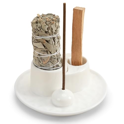 Palo Santo Sticks Holder, Multi-Purpose Handmade Ceramic Incense Burner for Palo Santo Incense Sticks, Sage Holder for Burning, Ash Catcher Tray for Meditation Yoga Room (Pure White) - color: Pure White