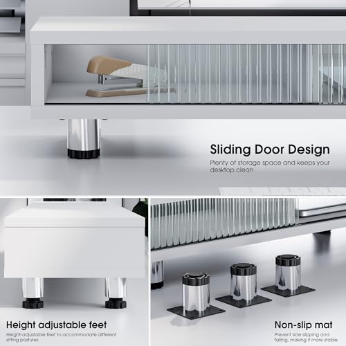 Fenge Dual Monitor Stand, 42.5inch Long Monitor Stands Riser for 2 Monitors, Sliding Door with Storage Organizer Stand for Desk, 2 Tier Desk Shelf for Laptop, Pc, Printer, Computer, TV - color: White
