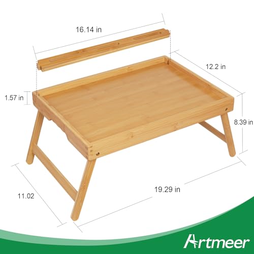 Artmeer Bed Tray Table with Folding Legs, Bamboo Breakfast Food Tray with Media Slot, Use As Platter, Laptop Desk, Snack, TV Tray Kitchen Serving Tray (Bamboo Large) - color: Bamboo, size: Large