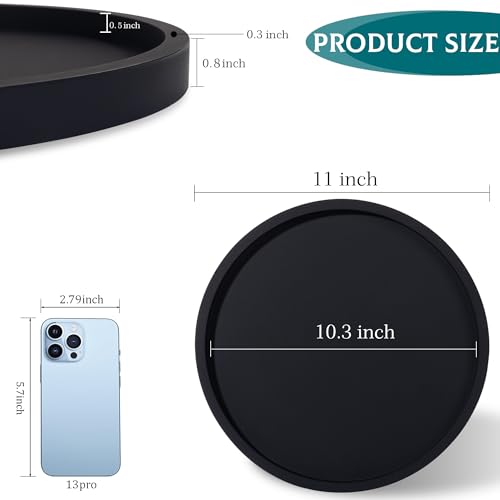 Silicone Bathroom Tray Round Vanity Tray Decorative Soap Holder Kitchen Countertop Organizer Coffee Table Decor for Candle, Perfume, Plant, 11 Inch, Black - color: Black, size: 11"