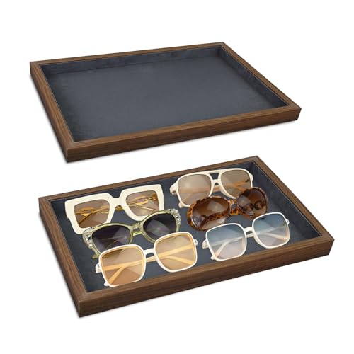 MOOCA 2 Pcs Wooden Jewelry Display Tray, Presentation Tray, Organizer for Rings, Necklaces, Earrings, and Accessories, Walnut Color with Grey Suede, 14" W x 9.6" D x 1.2" H - color: 1 Compartment, Walnut/Grey