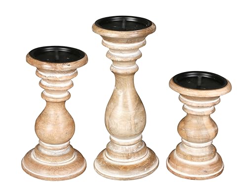 Pillar Candle Holders Set of 3 (10",8" & 6" Height)_White Wash,Candle Holder in Mango Real Wood,Decorative Candle Holders for Table Centerpiece, Wedding, Party, Home Décor, Spa, Farmhouse, Gifting - color: White Wash, size: 10"+8"+6" - High