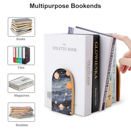 1 Pair Wood Handmade Book Ends Space Themed Art Bookends Non-Skid Decorative Bookends Book Stopper Book Shelf Holder for Shelves Heavy Books