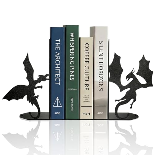 ENCIMART Dragon Metal Bookends Decorative, Unique Office Desk Book Ends for Shelves Bookshelf Home Office Desk Bookshelf Decor Gift for Dragon Lovers and Reading Enthusiasts - color: Black Dragon