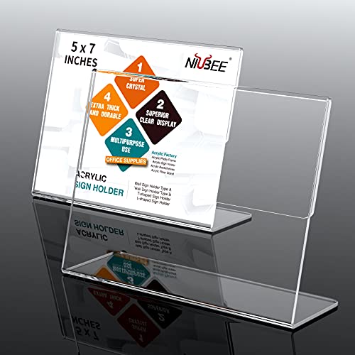NIUBEE Slanted Back Acrylic Sign Holder 7 x 5 Inches, Clear Plastic Sign Holder Paper Display Table Stand for Office, Store, Restaurant -Horizontal (6 Pack) - size: 5x7, style: Horizontal