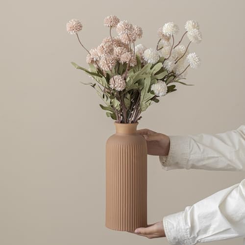 Coffee Ribbed Ceramic Vase for Flowers, Large Modern Textured Decorative Vase, 10 Inch Tall, Farmhouse Style Home Decor (Coffee) - color: Coffee