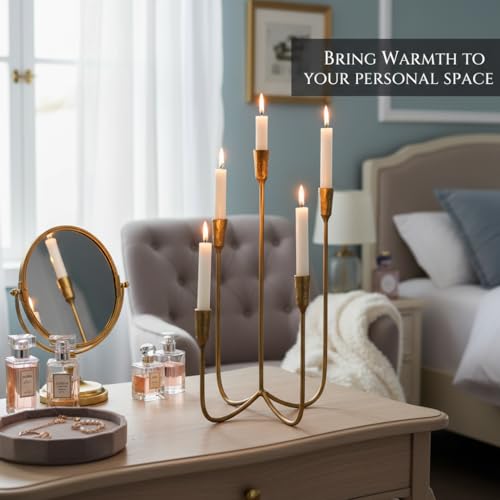 Candelabra for 5 Taper Candles – Hand-Forged Candle Holder with Elegant Vintage Finish – Decorative Centerpiece for Dining Room, Living Room or Mantel Decor（Brass Color-Straight） - color: Brass Color