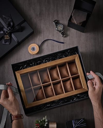 SONGMICS 12-Slot Watch Box, Watch Display Case with Large Glass Lid, Removable Watch Pillows, Velvet Lining, Gift Idea, Rustic Walnut UJOW120K01 - color: Rustic Walnut, size: 1 Layer 12 Slot