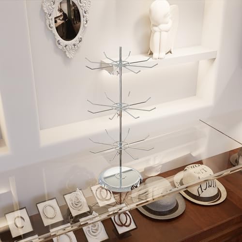 3 Tier Jewelry Holder with 8 Hooks Adjustable Height Chrome Countertop Spinner Display Stand for Necklace & Bracelet Keychain Display - size: Standard - 24 hooks