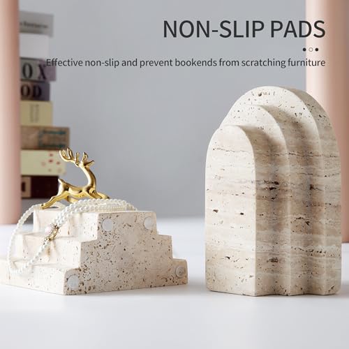 BUICCE Modern Book Ends for Shelves Nature Marble Decorative Bookends Heavy Duty Bookshelf Holder for Office Desk Decoration (Beige)