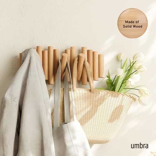 Umbra Picket Coat Rack Wall Mount – 5 Flip-Down Wood Coat Hooks, Modern & Functional Storage, Easy Install Wall Hooks, Natural - color: Natural, size: 5-Hook