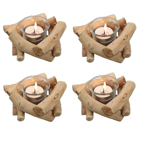 Sziqiqi Handmade Wooden Tea Light Candle Holder with Glass Cup Rustic Country Coastal Style for Farmhouse Home Decoration Home Altar Decoration Holoday Wedding Decoration Pack of 4 - size: 4pcs