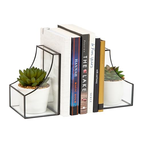 Mind Reader Terrarium Bookends, Decorative Book Holders with Storage, Modern Organizer for Desk or Shelf, Glass, Metal, Set of 2, Black - color: Black