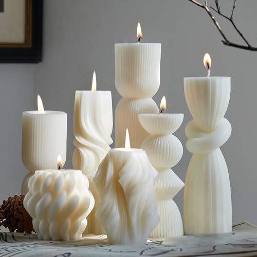 7-Pack Pillar Candles - Soy Wax Handmade Ribbed Candles for Home Decor, Housewarming Gift, Shelf & Table Decor - Aesthetic Modern Candles Set (White) - color: White