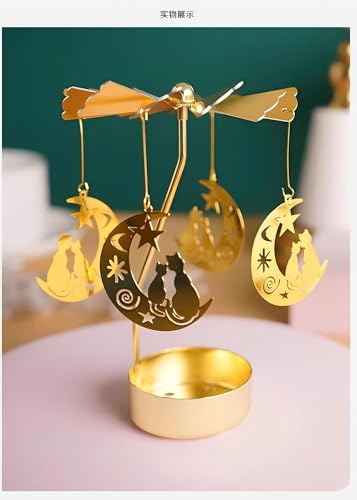 Self Rotary Candle Holder Holder, Metal Spinning Tea Light Holders Automatic Rotating, Romantic Aroma Tea Candle Round Holder, Unicorn, Snowflower, Kids, Leather Candle Holder(Moon Cat) - color: Moon Cat