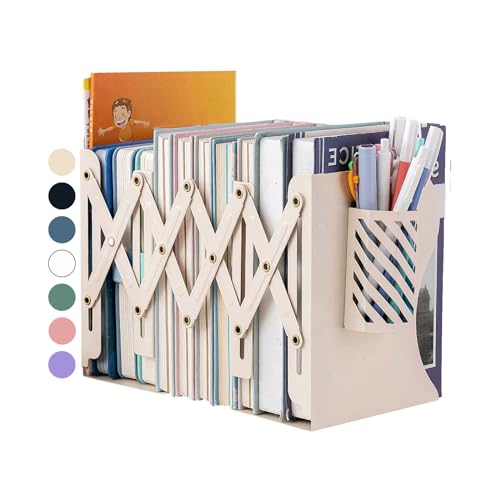 Kingsmile Book Ends, Adjustable Bookends for Shelves, Metal Bookends for Heavy Books, Book Stopper Organzier with Pen Holder for Desk, Kids Room, Office, Classroom, Library, Study Room.(Light Beige) - color: Light Beige