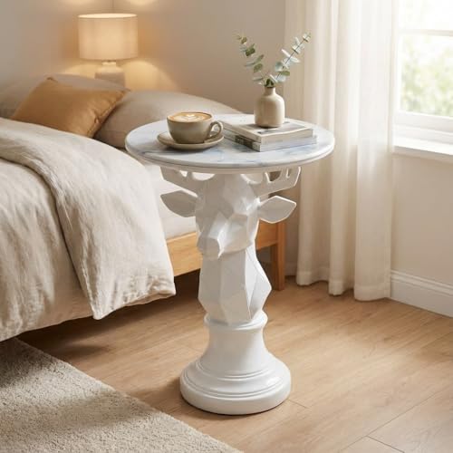 Deer Side Table for Living Room - 20" Faux Marble Top Accent End Table with Hand-Carved Resin Deer Statue Base - Modern Round Bedside Table for Bedroom, Patio, Entryway,Gift - Tool-Free Setup - color: White Deer