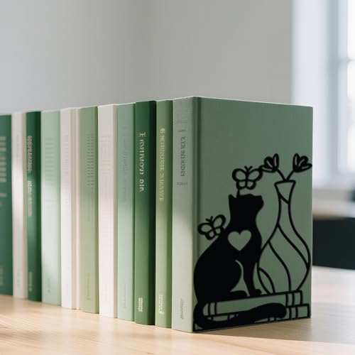 WADORN 1 Pair Cute Cat Flower Metal Decorative Bookend for Shelves, Heavy Duty Book Ends Modern Non-Skid Books Holder Stand Black Book Support Stoppers for Desk Bookshelf Office Home, 5.3x4.3x7.9 Inch - color: Vase Cat Flower