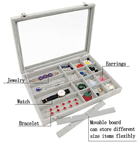 Stratalife Velvet Jewelry Organizer 24 Grid Jewelry Tray with Clear Glass Lid Display Showcase Storage Organizer Box for Earring Necklace Rings Dice Gray (24 Grids) - color: Gray, size: 30 Grid