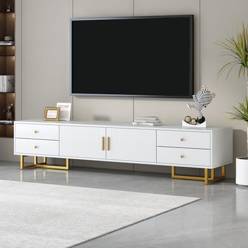 Modern TV Stand with Drawers for TVs up to 75'', Media Console Storage Cabinet Entertainment Center Furniture for Living Room Bedroom, Gold Metal Legs, 70.9-Inch, White - color: White