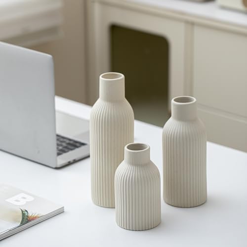 Modern Ceramic Vases Set of 3, Beige Ribbed Decorative Vases, Table Centerpiece for Home Decor (Beige) - color: Beige