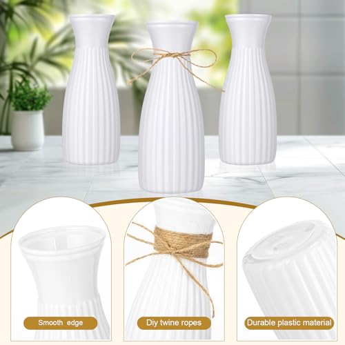 10 Pcs Plastic Flower Bud Vases Bulk with Twines Ropes Small Mini Flower Vases for Centerpieces Decorative Plastic Bottles for Wedding Reception Dining Table Home Decoration (White) - color: White