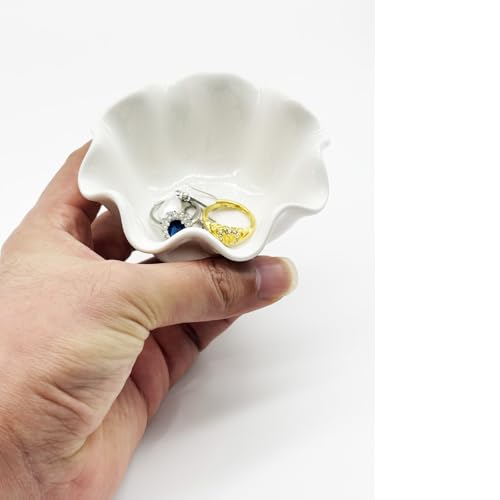 White Flower Jewelry Dish, 3.5″ Lotus Jewelry Bowl Ring Holder, Ceramic Jewlery Tray Cute Vanity Nightstand Bathroom Room Decor Trinket Dish Valentine's Friendship Birthday Gifts for Women Mom
