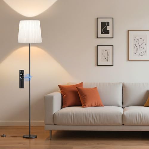 SIBRILLE Floor Lamp with Pleated Shade, 62" LED Dimmable Standing Lamp with Remote & Foot Switch, Color Options, 9W E26 Bulb Included, Modern Reading Light for Living Room Bedroom Office Corner, Black - color: White(pleated)