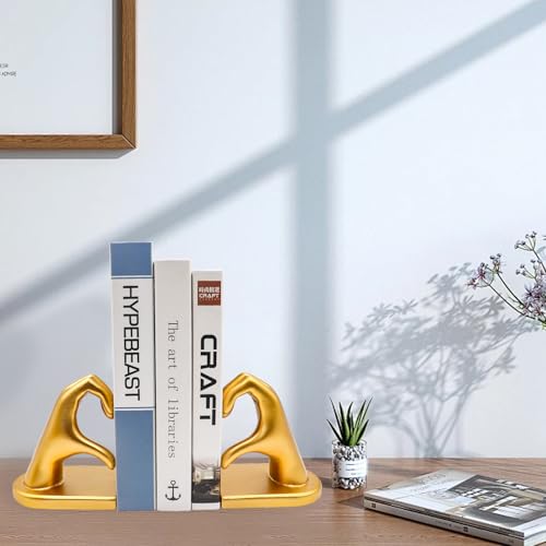 Gold Heart Hands Bookends, Resin Golden Modern Abstract Love Finger Decorative Bookends for Shelves, Book Holders, Decor for Shelves Study Office Desk Bedroom Table 9.8 × 3.7 × 5.5 Inch