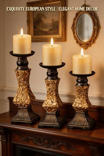 Ornate Resin Pillar Candle Holders Set of 3 Baroque Gothic Decorative Candlesticks in Black & Gold (8", 10", 12") for Home Decor, Weddings & Centerpieces
