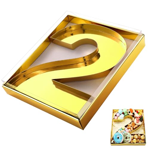 SiliFine 12" Charcuterie Number Shaped Mache with Clear Lid Fillable Sweets Serving Trays Paper Mache Cupcake Candy Box for 2025 Graduation Party Graduation Celebration(Gold,Number 2) - color: Gold, style: Number 2