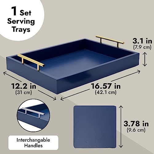 Juvale Coffee Table Tray - 15.7 x 11.8 x 3 in, Blue, Rustic Wood - Serving Tray with Interchangeable Gold & Silver Handles for Coffee Table Decor & Ottoman Use with 2 Coasters - color: Blue