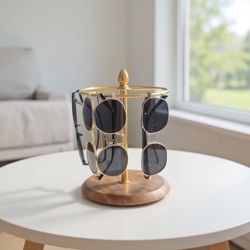 Glasses Stand for 12 Pairs, Sunglasses Organizer Rack, 2-in-1 Eyewear Display & Jewelry Tray Base for Entryway Vanity Nightstand, Modern Home Dresser Decor (Wood+Gold) - color: Wood+Gold