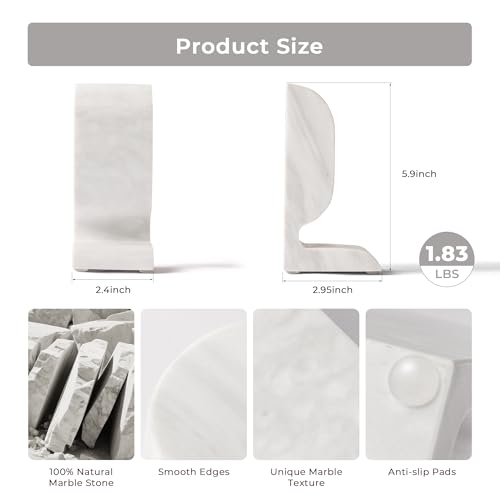WORHE Marble Bookend for Shelves, Large Book Shelf Holder for Heavy Books, Natural Stone Book Stopper for Books CD Movies, Aesthetic Decorative Book Ends, Bookshelf Table Home Decor White (WH089) - color: White
