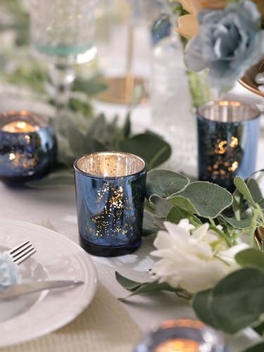 DEVI 12PCS Assorted Blue Votive Candle Holders, Mercury Tealight Candle Holder Glass, Wedding Table Decorations for Home Party, Navy Blue Birthday Graduation Rehearsal Party Dinner Decorations - color: Blue