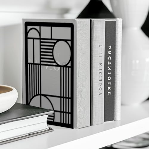 Peacoblue Metal Bookends for Shelves, Modern Decorative Heavy Duty Study Book Ends Stoppers for Office, Desk, Shelf, Room 5.3"x4.3"x7.9" Cast Iron Simple Tall Bookends 1 Pair (Geometry Lines) - style: Geometry Lines