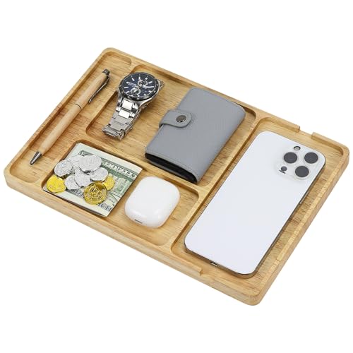 Buqoo Rubberwood Valet Tray with Cable Slot - 11.7 x 7.9 Inch Wooden Catch All Organizer Tray, Desk & Nightstand Organizer for Keys, Wallet, Jewelry, Phone, Watch, Earbuds