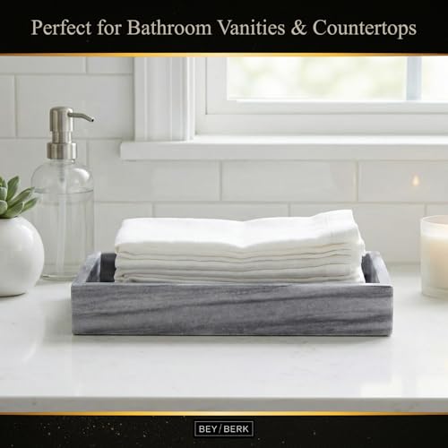 Bey-Berk Ezra Carrera Genuine Marble Guest Towel Tray (Grey), 9" x 5.75" Bathroom Counter Organizer, Sculpted Marble Luxury Accent - color: Gray